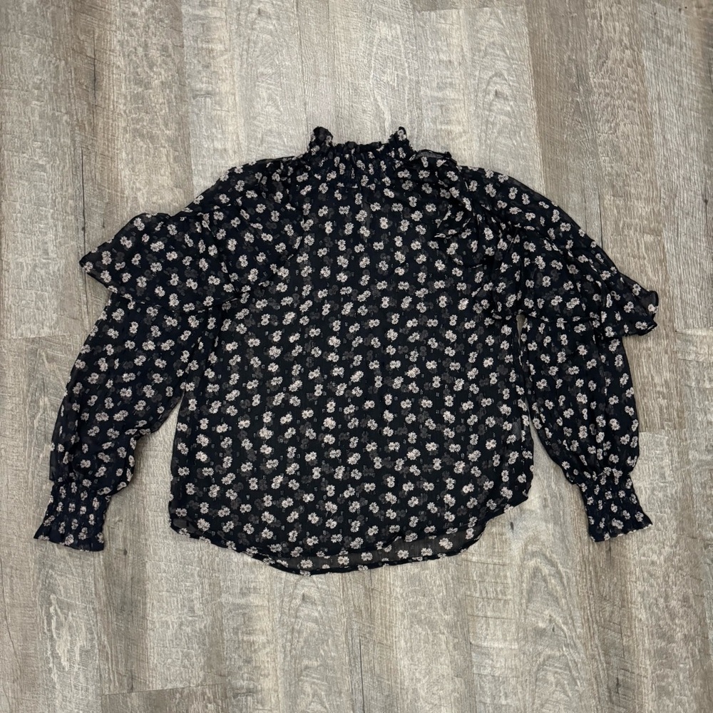 Black Goth Boho Cottagecore Romantic Floral Poet Blouse Sz M